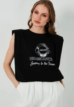 LELA CREW NECK WADDING SHOULDERS - Camiseta Estampada - Black, Mujer